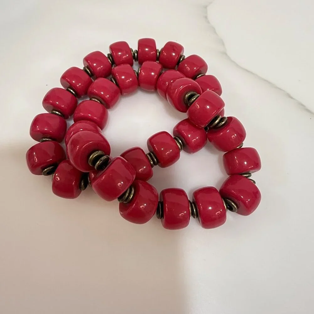 VTG‎ Premier Designs Set of 2 Fuchsia Beaded Stretch Bracelets Brass Tone Boho